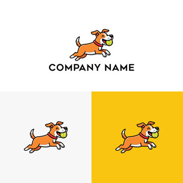 Vibrant cartoon dog logo design featuring a happy animal actively playing with a ball, perfect for pet-related businesses and animal care branding