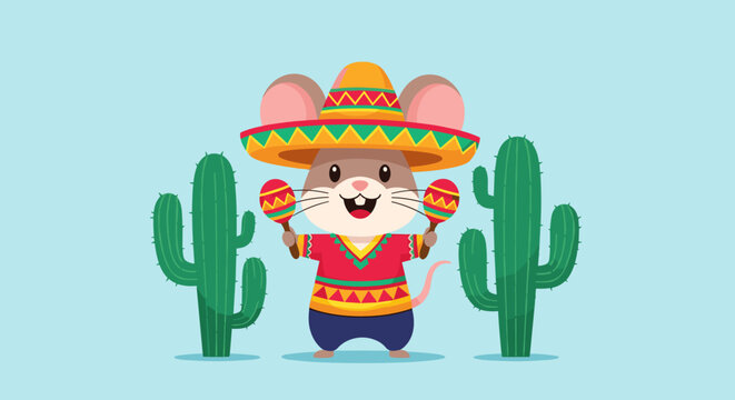 A cheerful mouse in a sombrero and traditional Mexican clothing is happily playing maracas between two cacti on a clear blue background.