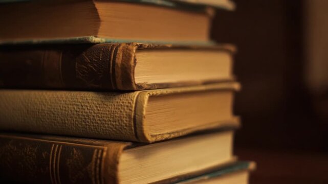 A stack of vintage books with textured covers captured under warm soft lighting, creating a nostalgic and aesthetic academic feel.