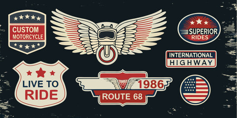Collection of vintage motorcycle emblems and badges featuring wings and american flag motifs