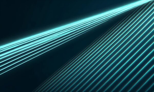 Abstract futuristic background with glowing cyan light streaks illuminating parallel dark metallic ribbed surfaces creating a sense of depth and motion