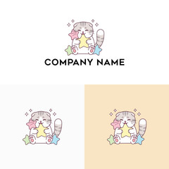 Adorable kawaii Scottish Fold cat character sitting and hugging a cute pink star. Cheerful and charming cartoon kitten mascot logo for a kids' brand
