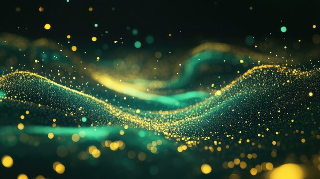 Golden particles forming flowing waves and shimmering bokeh lights