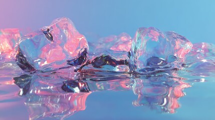 Iridescent melting ice cubes abstract background reflecting colors
