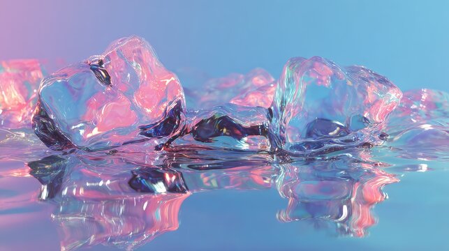 Iridescent melting ice cubes abstract background reflecting colors