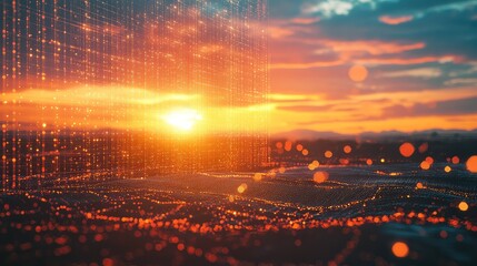 Digital data flowing across a futuristic landscape at sunset