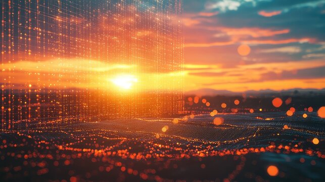 Digital data flowing across a futuristic landscape at sunset