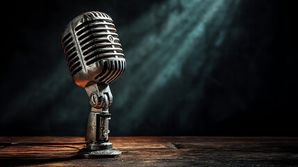 retro microphone on moody dark background copy space image capturing music performance nostalgia classic audio recording and traditional broadcasting vibes