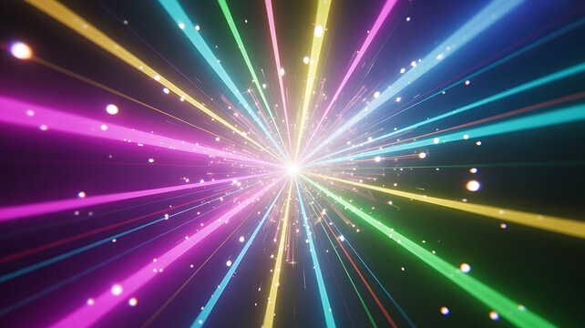 Explosion of colorful light beams and particles from a central bright point