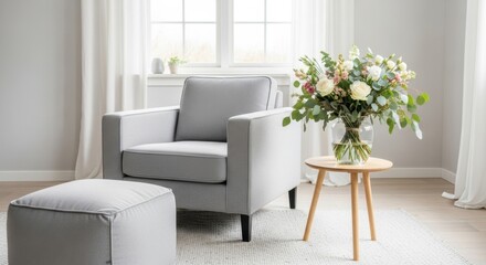 Naklejka premium Elegant living room featuring a comfortable armchair, ottoman and flower arrangement that create a