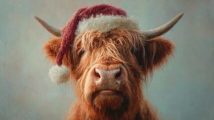 a delightful highland cow dons a festive santa hat against a soft pastel background capturing the holiday spirit in a unique artistic style