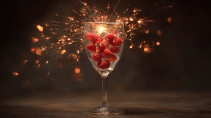 sparkler ignites in champagne glass filled with red heart candies for new year 2026 celebration