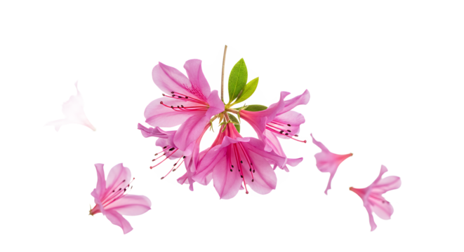 Elegant spring bloom of a pink azalea with gracefully scattered petals suggesting gentle movement, isolated on a pure white background