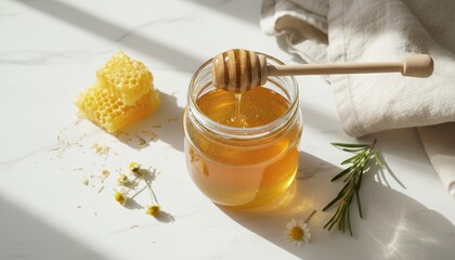 Golden honey jar with dipper on a bright aesthetic table