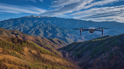 Drone aerial view over snow-capped mountains blue sky white clouds for outdoor adventure technology