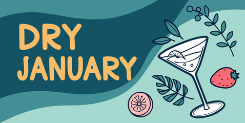 Dry January illustration with cocktail glass, strawberry and citrus fruit
