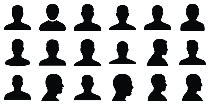 Collection of diverse user profile avatar silhouettes. Generic male head and shoulder portraits in various front and side views for web and app design.