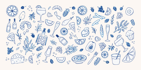 Hand drawn doodle illustration of food and drinks with fruits and leaves on a light background