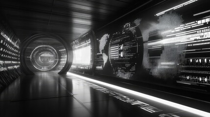 Futuristic digital corridor with global data stream