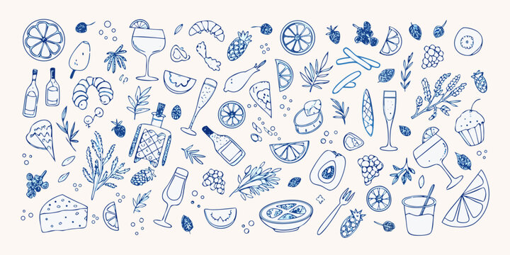 Hand drawn doodle illustration of food and drinks with fruits and leaves on a light background - Powered by Adobe