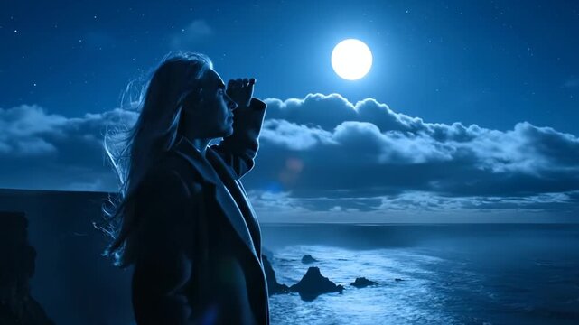 Woman watches moon over ocean at night. Female observer looks at moonlit sea with clouds. Woman gazes at full moon above water. Night sky observation with moonlight reflecting on ocean waves.