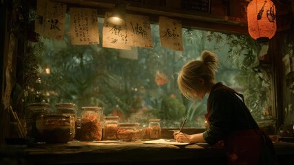 Young chef diligently taking notes in rustic Japanese eatery with jars of ingredients and atmospheric lighting, capturing culinary inspiration