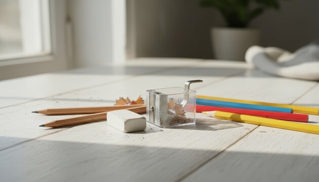 Eraser sharpener and colorful pencils on a sunlit wooden surface