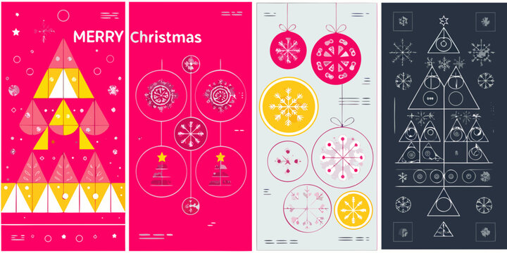 Collection of abstract geometric christmas trees and ornaments in vibrant colors and minimalist style