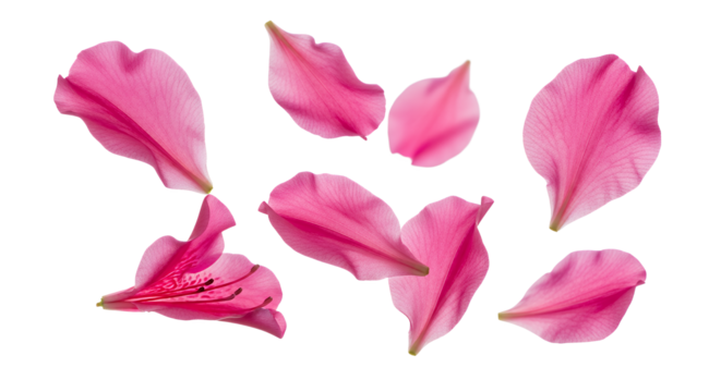 A beautiful collection of delicate and vibrant pink flower petals scattered on a clean white background, showcasing detailed natural texture
