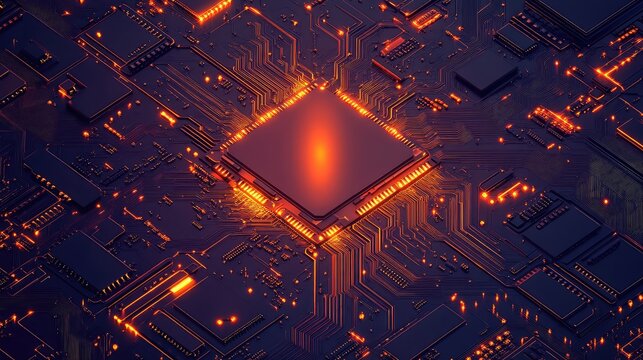 Glowing cpu on dark circuit board processing data