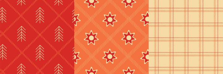 Christmas Seamless Patterns Set. Plaid, Tree and Star Holiday Backgrounds