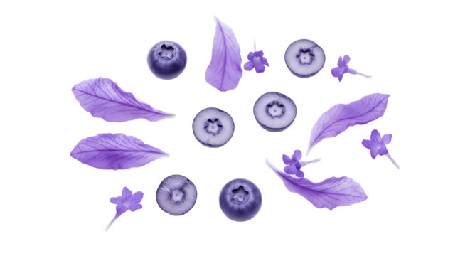Vibrant purple blueberries and delicate leaves scattered artfully on a pristine white background, showcasing freshness and natural beauty for healthy food concepts and wellness themes - Powered by Adobe