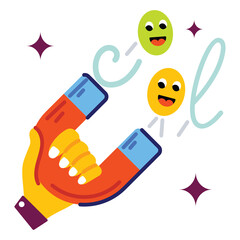 Hand Holding Horseshoe Magnet Attracting Smiling Yellow and Green Orbs on Transparent Background