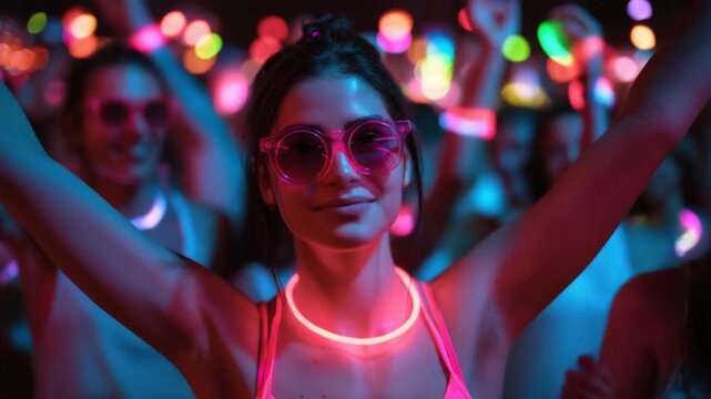 A woman with pink sunglasses and glow stick jewelry at a party, arms raised. Backlit crowd blurred