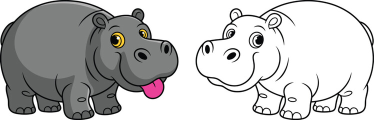 Cute cartoon hippo illustration with colored and outline versions, funny happy hippopotamus character, children coloring page, zoo animal vector art