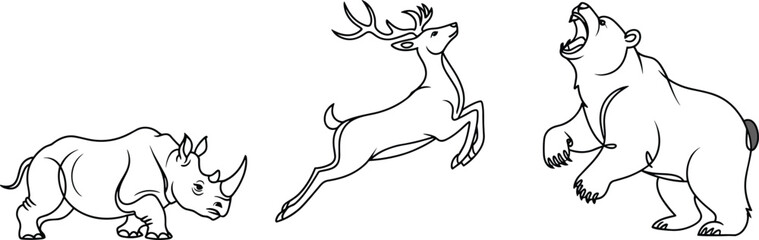 Wild animals line art set featuring rhino, deer and bear, wildlife outline illustration, safari animal contour drawing, vector collection