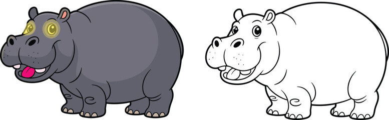 Cute cartoon hippo illustration with colored and outline versions, funny happy hippopotamus character for kids, coloring pages, animal learning art