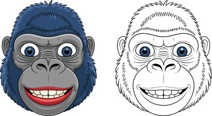 Smiling gorilla face illustration with color and outline versions, cartoon primate head, detailed fur, expressive eyes, friendly vector wildlife art