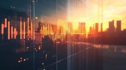 Financial data stock market charts over city sunset