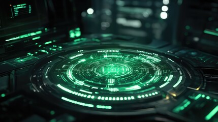 Futuristic green glowing digital interface data processing technology