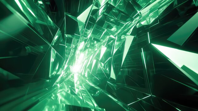 Abstract glowing green crystal tunnel connecting digital space