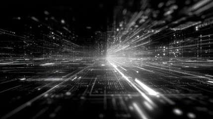 Digital data stream flowing through a futuristic network cityscape