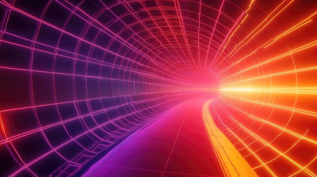 Futuristic grid tunnel with vibrant neon light path