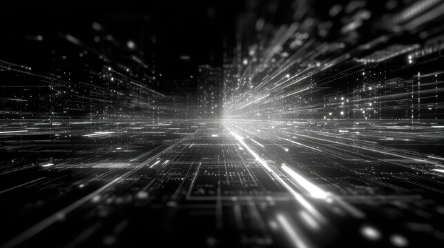 Digital data stream flowing through a futuristic network cityscape