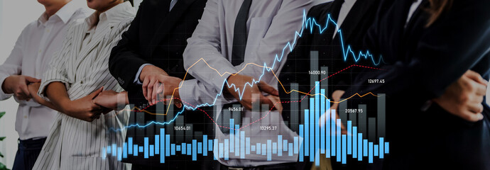 A professional business team analyzing financial data showcased through graphs and charts on a digital interface in a modern office environment, showcasing collaboration and strategy. Scalp