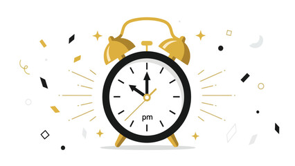Simple Flat Illustration of Gold Alarm Clock with PM Time Symbol