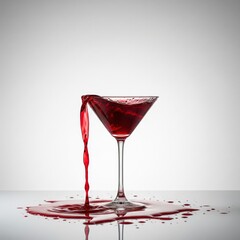 Spilled Red Cocktail in Martini Glass on White Minimal Background with Copy Space