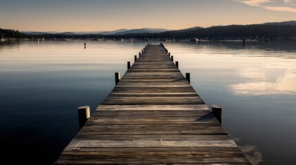 Fototapeta premium A serene wooden dock extends over calm reflective water with symmetrical posts, misty distant hills,