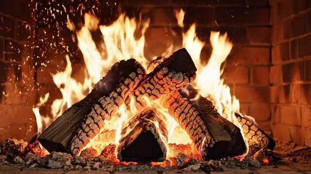 Warm and inviting fireplace with glowing logs crackling with vibrant flames