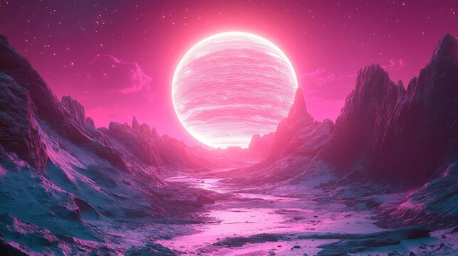Alien planet landscape with glowing pink sky and large celestial body